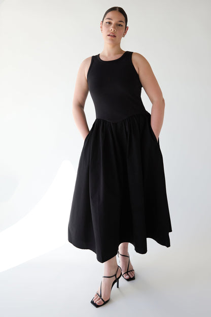 POPLIN RIB-KNIT DROP WAIST MIDI DRESS