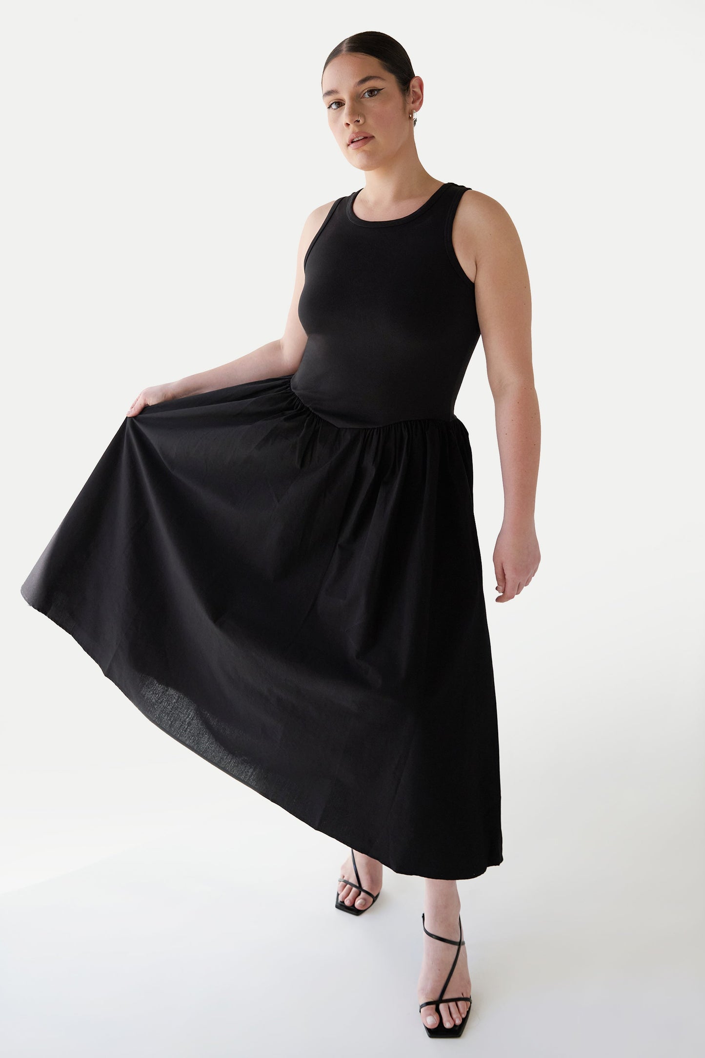 POPLIN RIB-KNIT DROP WAIST MIDI DRESS