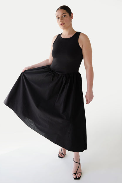 POPLIN RIB-KNIT DROP WAIST MIDI DRESS