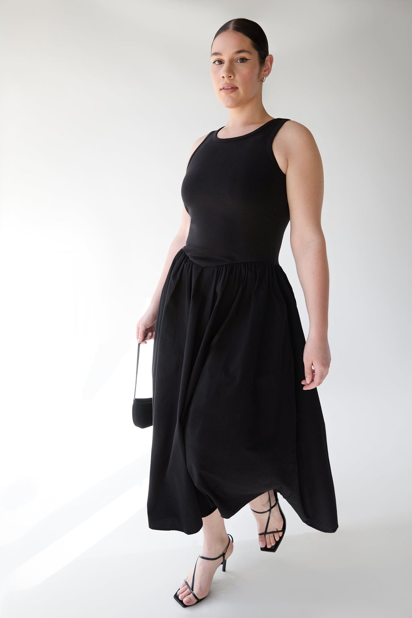 POPLIN RIB-KNIT DROP WAIST MIDI DRESS