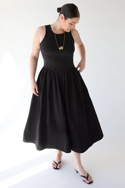 POPLIN RIB-KNIT DROP WAIST MIDI DRESS