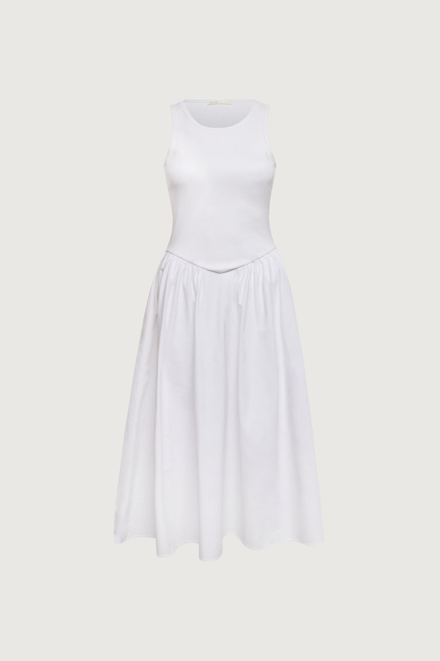 POPLIN RIB-KNIT DROP WAIST MIDI DRESS