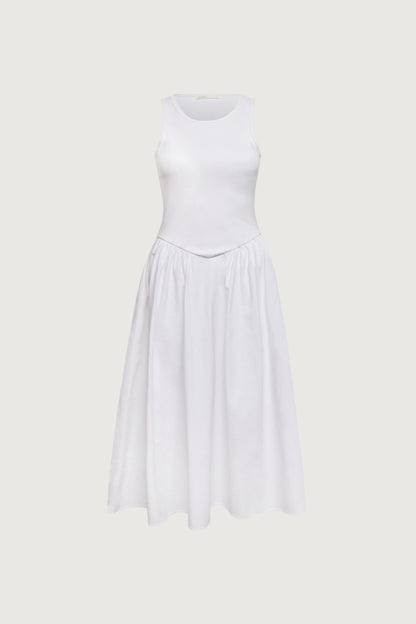 POPLIN RIB-KNIT DROP WAIST MIDI DRESS