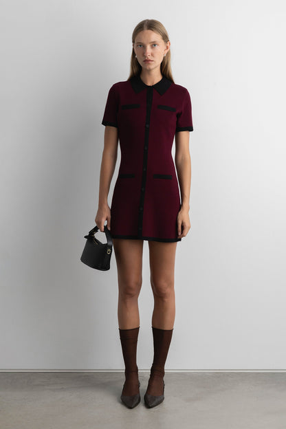 COLLARED CONTRAST TRIM KNIT MINI DRESS