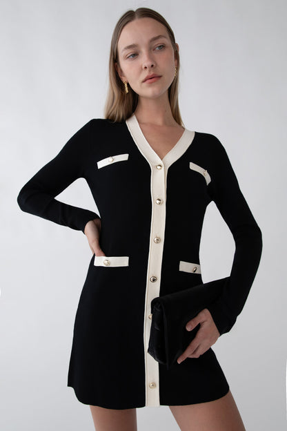 CONTRAST TRIM BUTTON FRONT KNIT MINI DRESS