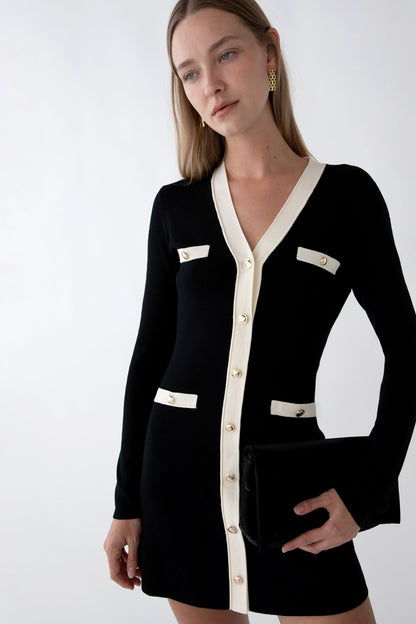 CONTRAST TRIM BUTTON FRONT KNIT MINI DRESS
