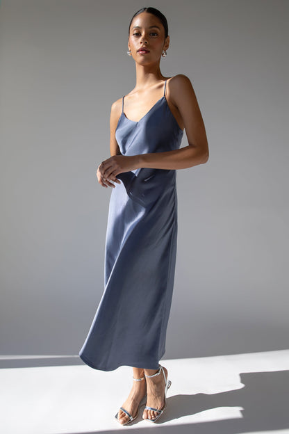 SATIN V-NECK MIDI DRESS