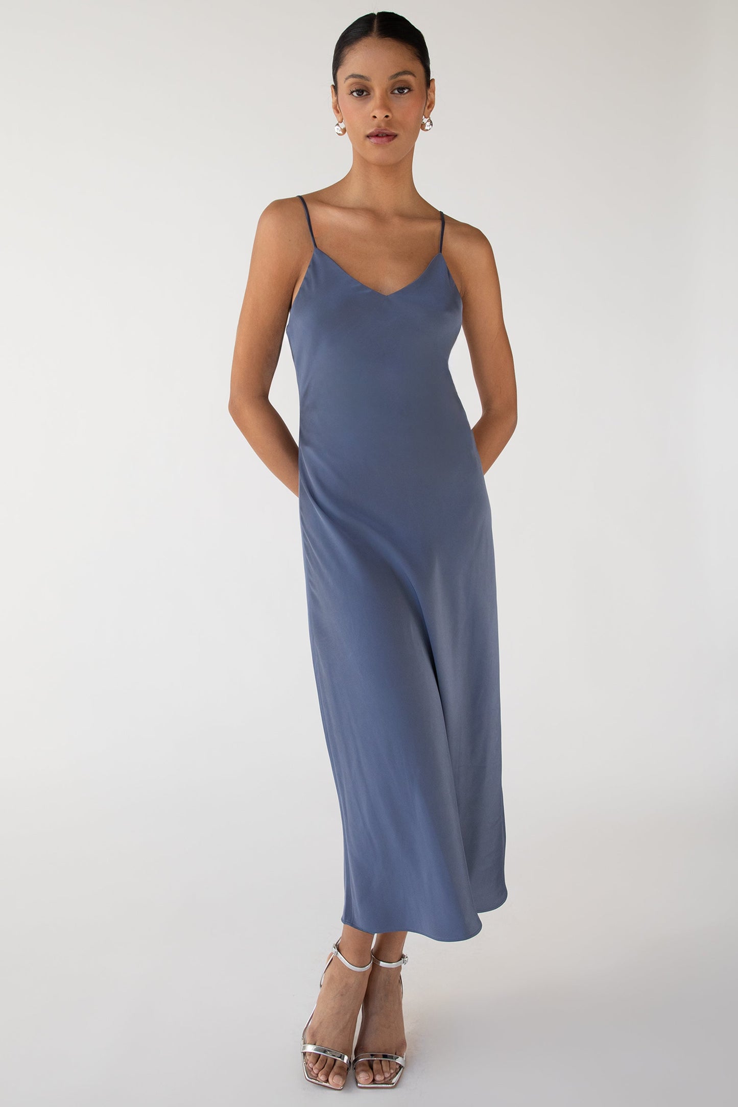 SATIN V-NECK MIDI DRESS