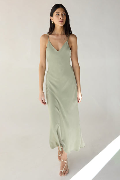SATIN V-NECK MIDI DRESS
