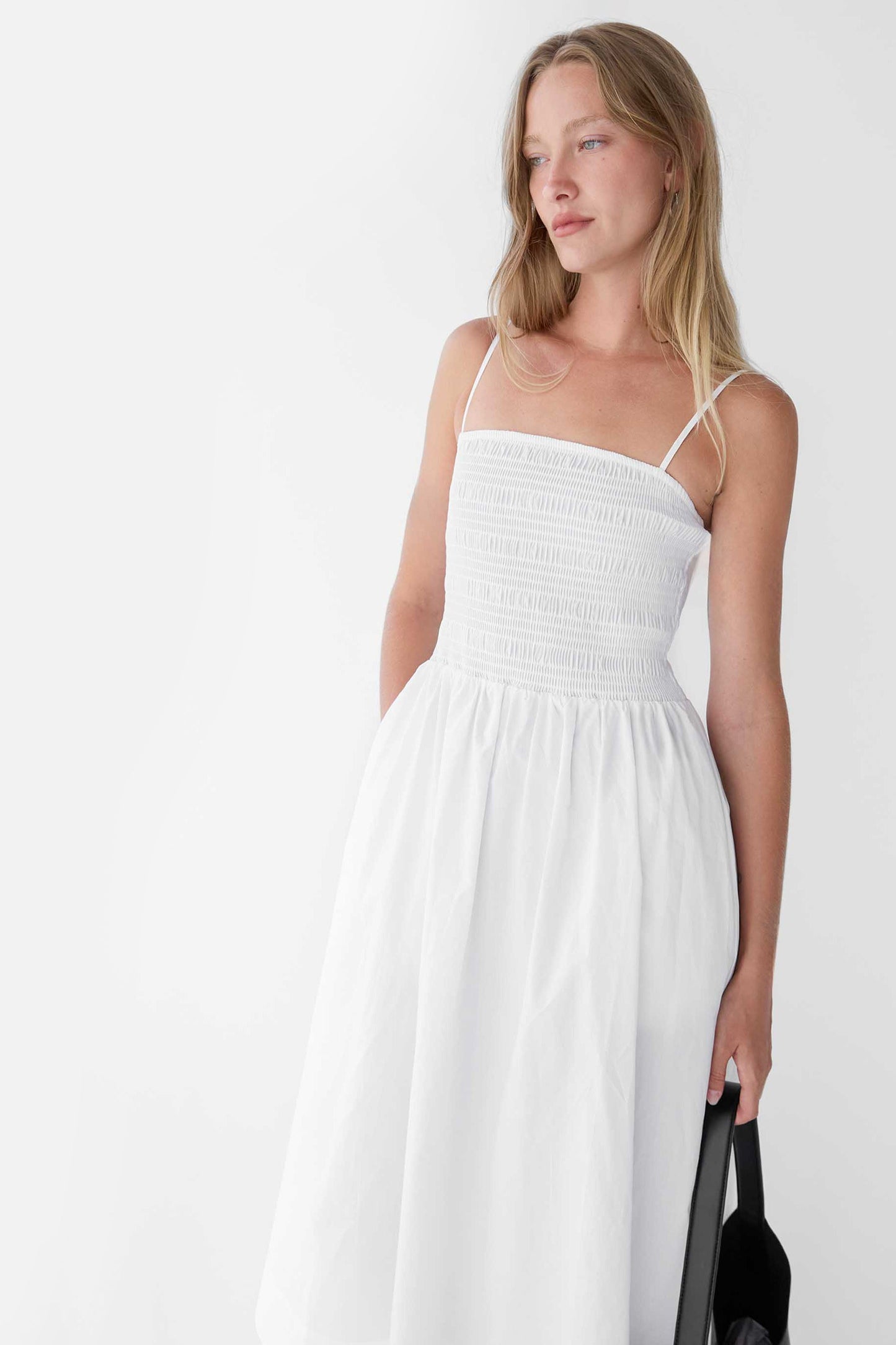 SMOCKED POPLIN MIDI DRESS