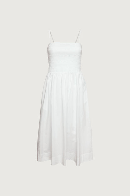 SMOCKED POPLIN MIDI DRESS