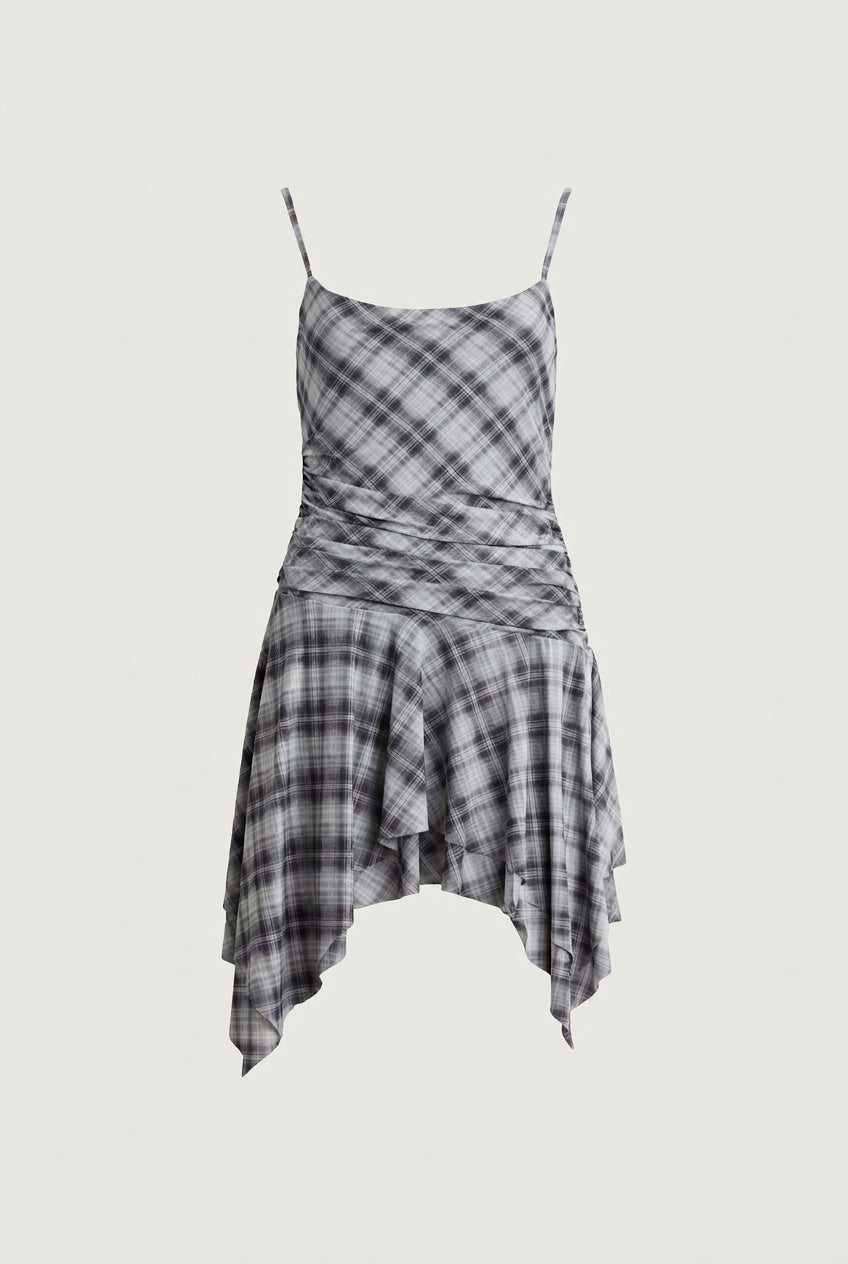 RUCHED PLAID MINI DRESS