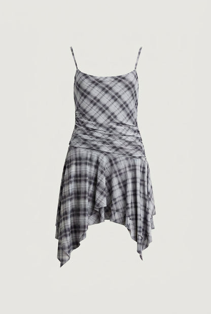 RUCHED PLAID MINI DRESS