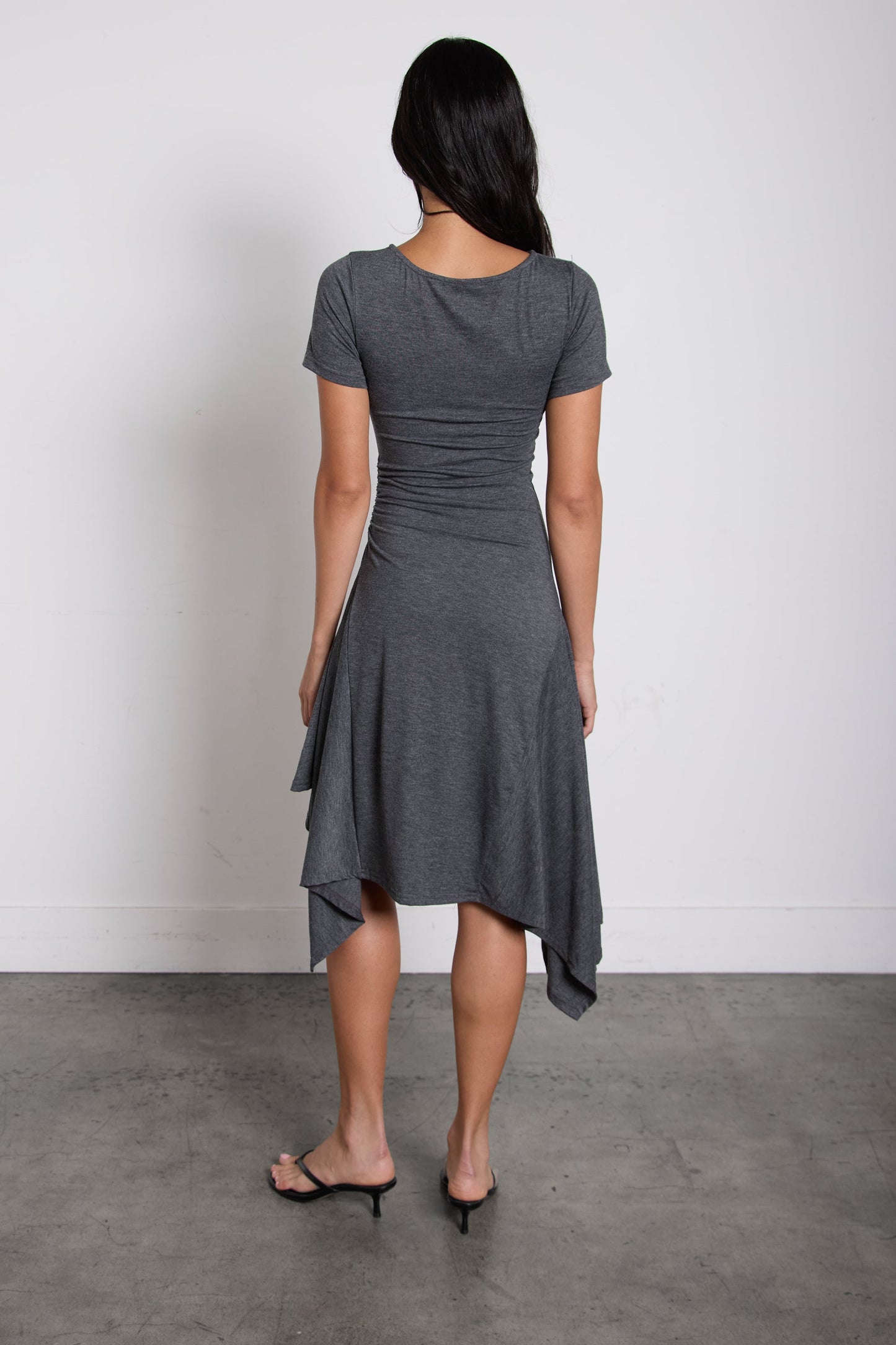 ASYMMETRICAL RUFFLE HEM MIDI DRESS