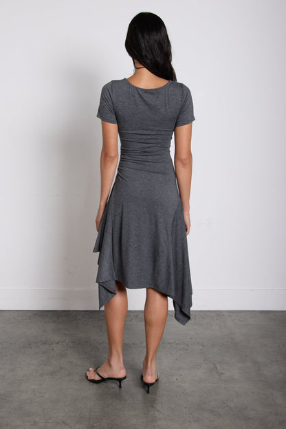 ASYMMETRICAL RUFFLE HEM MIDI DRESS