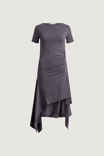 ASYMMETRICAL RUFFLE HEM MIDI DRESS