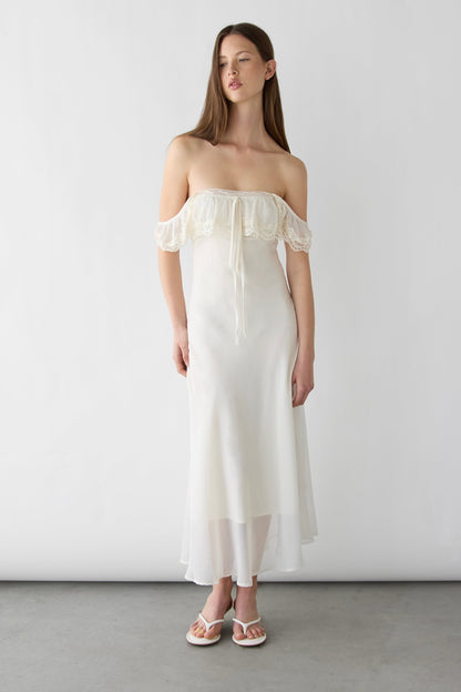 RUFFLE MAXI DRESS WITH LACE TRIM DETAIL