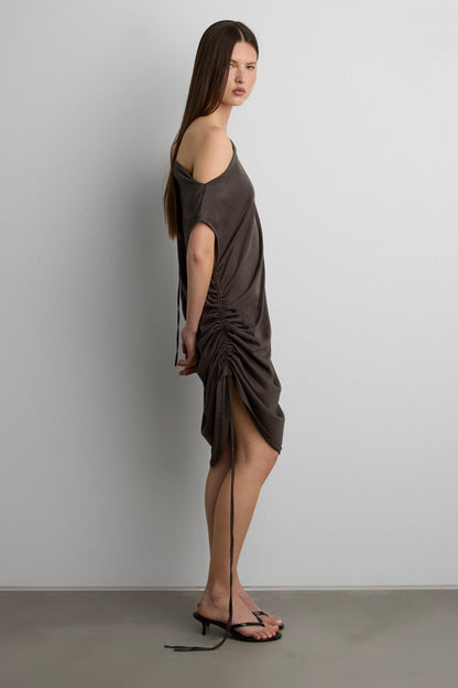 MIDI DRESS WITH ADJUSTABLE SIDE RUCHED DETAIL