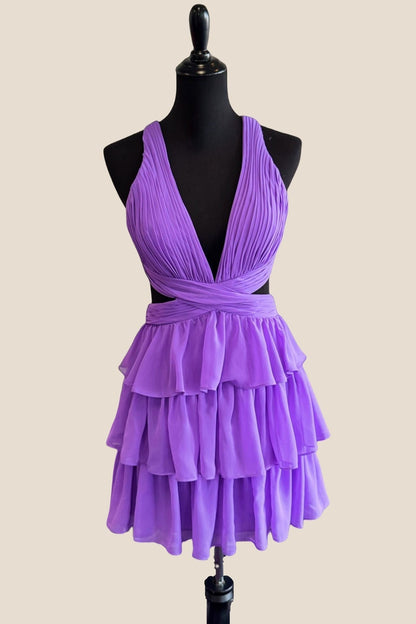 Plunge Neck Purple Tiered Short Dress with Cut-out