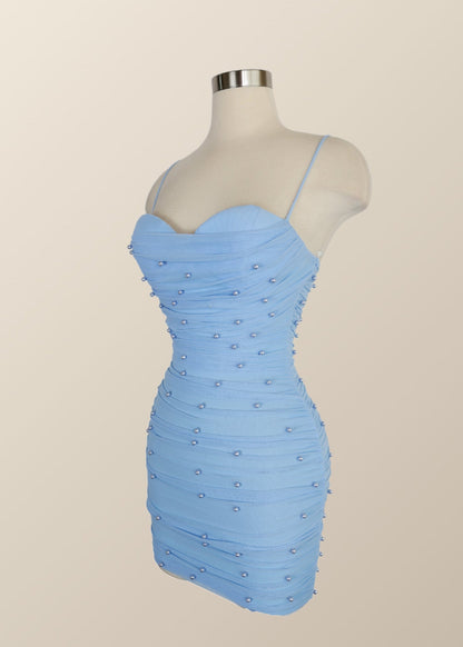 Straps Blue Tight Mini Dress with Pearls