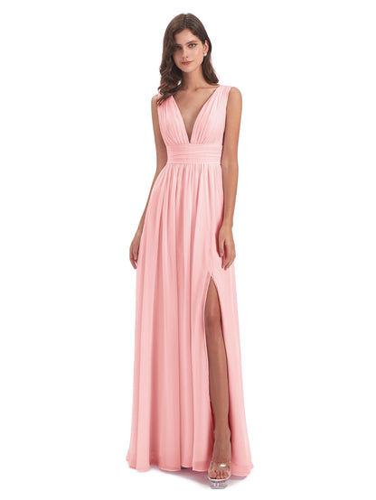 Emma Floor Length V Neck Split Chiffon Bridesmaid Dresses