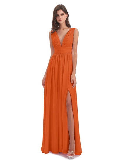 Emma Floor Length V Neck Split Chiffon Bridesmaid Dresses