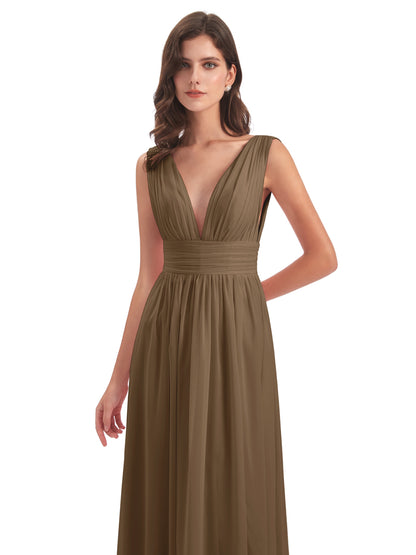 Emma Floor Length V Neck Split Chiffon Bridesmaid Dresses