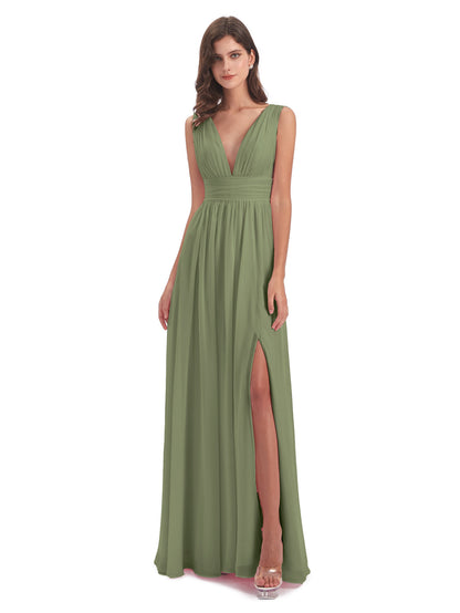 Emma Floor Length V Neck Split Chiffon Bridesmaid Dresses