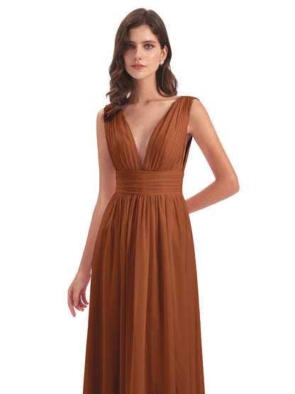 Emma Floor Length V Neck Split Chiffon Bridesmaid Dresses