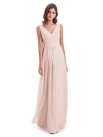 Kailee A-line V-neck Chiffon Long Bridesmaid Dresses