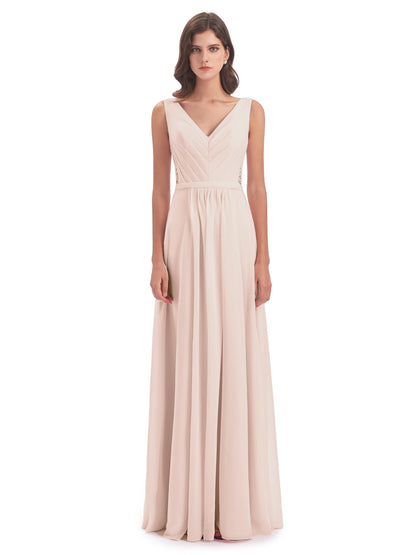 Kailee A-line V-neck Chiffon Long Bridesmaid Dresses