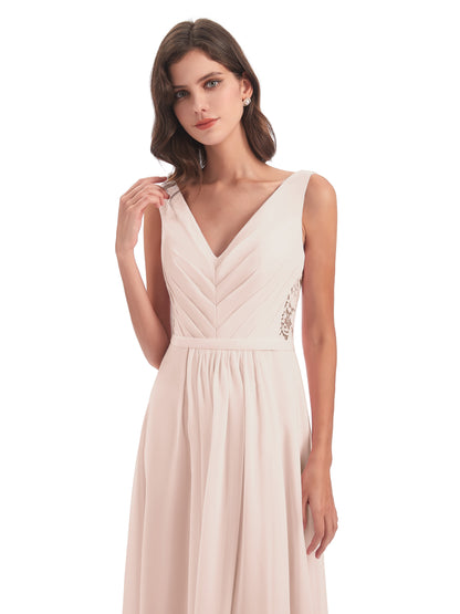 Kailee A-line V-neck Chiffon Long Bridesmaid Dresses