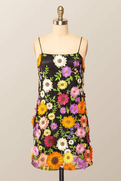 Straps Black Floral A-line Short Dress