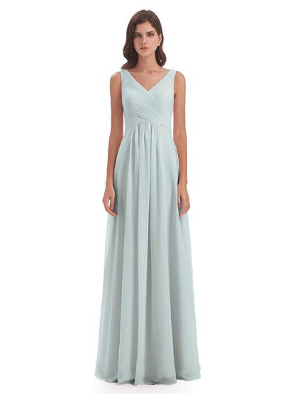 Evalyn V-neck Straps Chiffon Long Bridesmaid Dresses