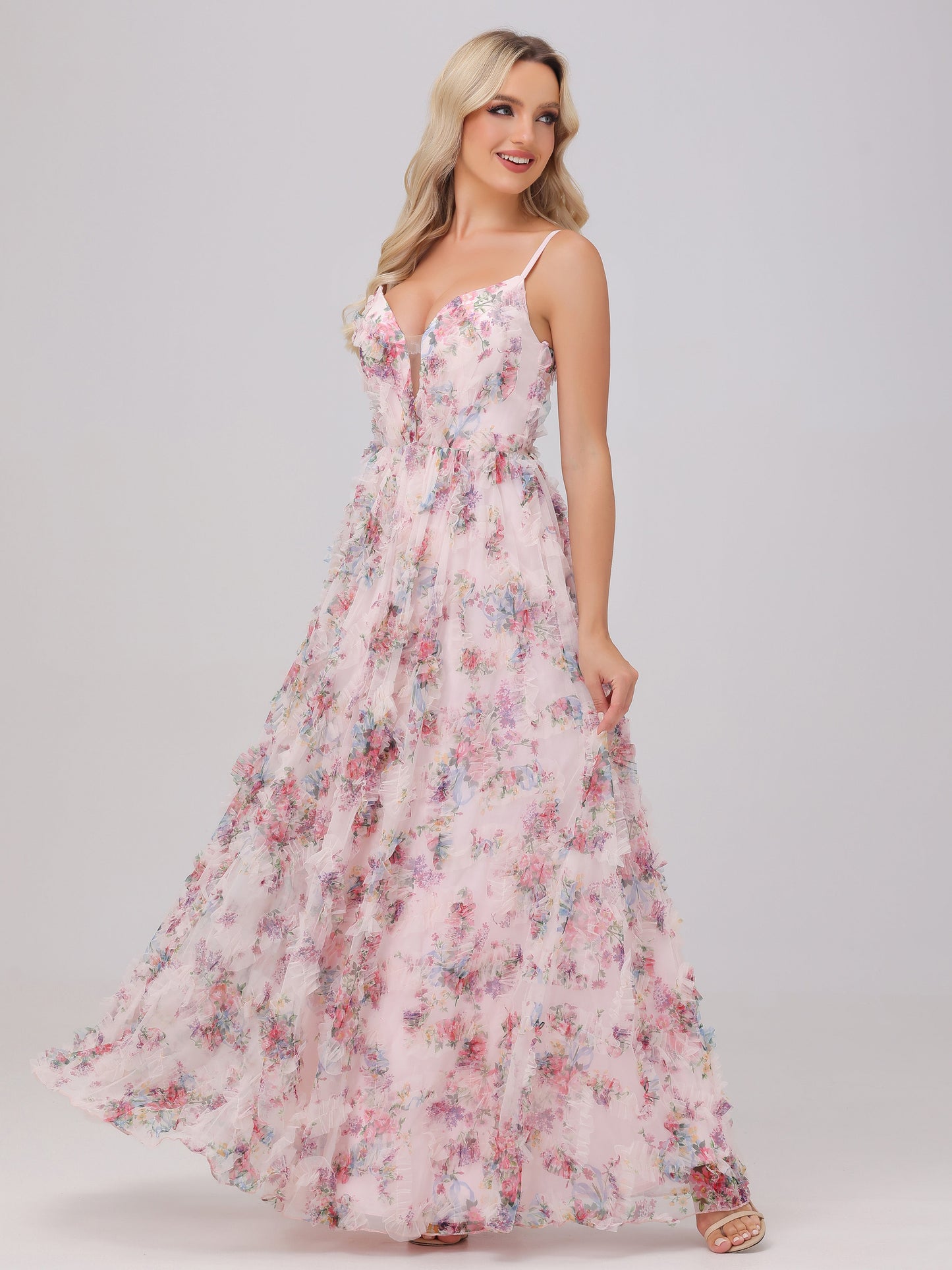 Flowy A-Line V-Neck Pink Floral Tulle Bridesmaid Dresses