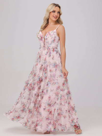 Flowy A-Line V-Neck Pink Floral Tulle Bridesmaid Dresses
