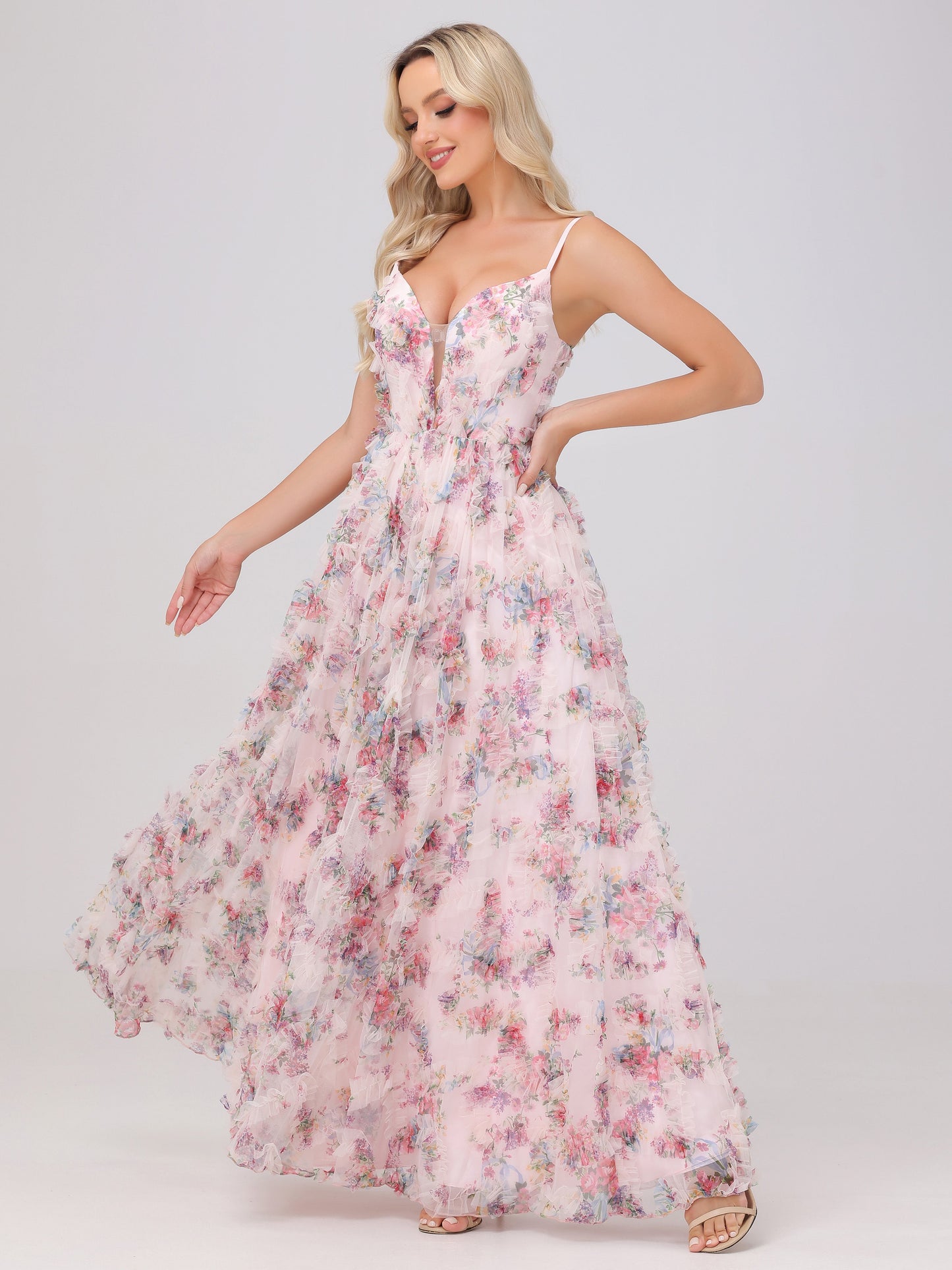 Flowy A-Line V-Neck Pink Floral Tulle Bridesmaid Dresses