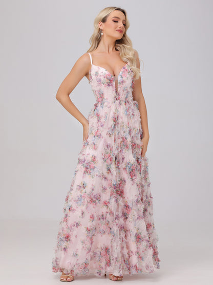 Flowy A-Line V-Neck Pink Floral Tulle Bridesmaid Dresses