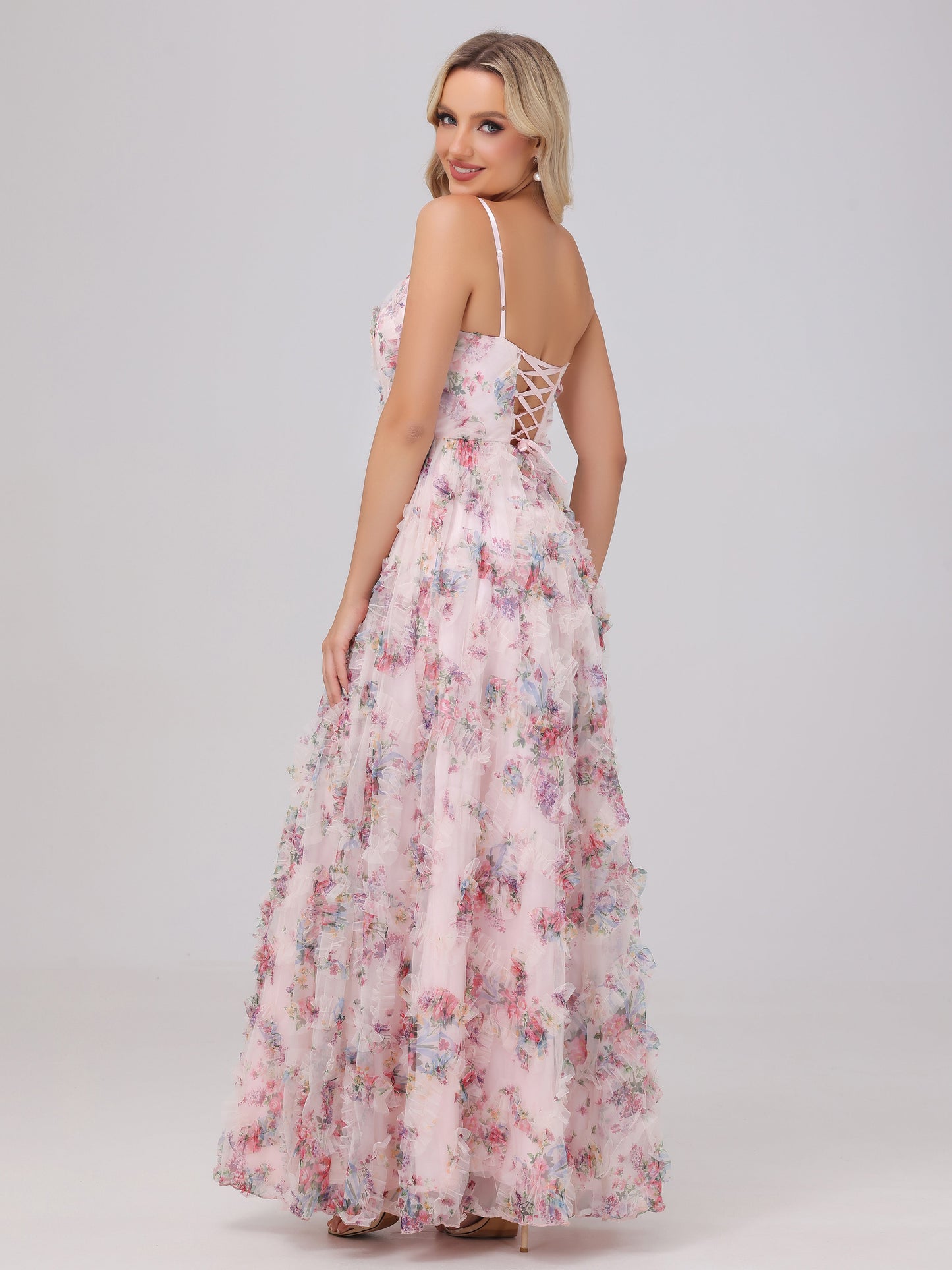 Flowy A-Line V-Neck Pink Floral Tulle Bridesmaid Dresses