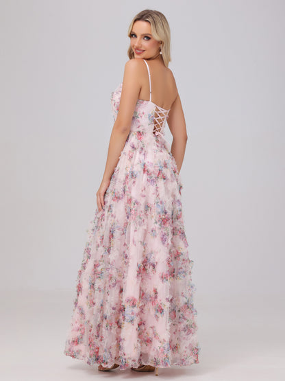 Flowy A-Line V-Neck Pink Floral Tulle Bridesmaid Dresses