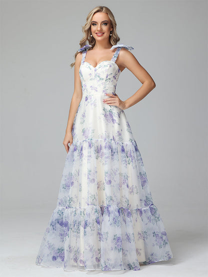 Elegant Floral Print Lace Up Floor Length Bridesmaid Dresses
