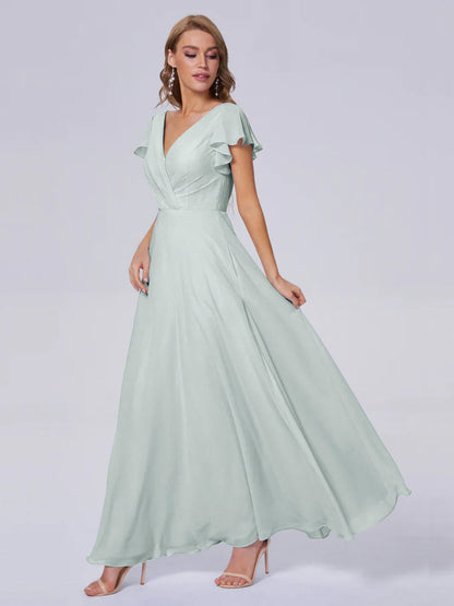 Genevieve V Neck Chiffon Long Bridesmaid Dresses with Sleeves