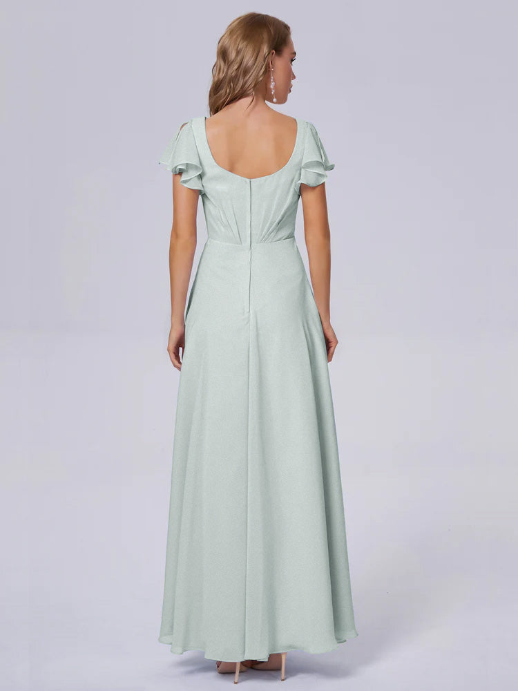 Genevieve V Neck Chiffon Long Bridesmaid Dresses with Sleeves