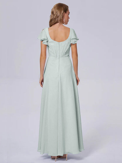 Genevieve V Neck Chiffon Long Bridesmaid Dresses with Sleeves