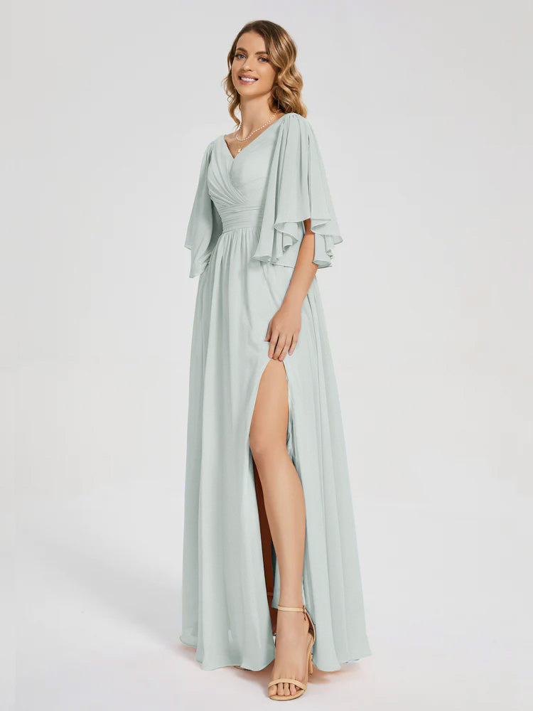 Giselle V-neck Half Sleeves Slit Bridesmaid Dress