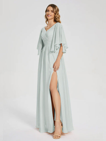 Giselle V-neck Half Sleeves Slit Bridesmaid Dress