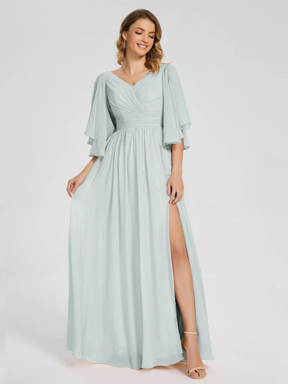 Giselle V-neck Half Sleeves Slit Bridesmaid Dress