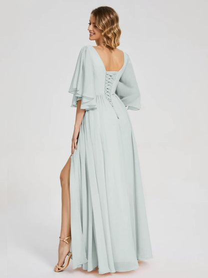 Giselle V-neck Half Sleeves Slit Bridesmaid Dress