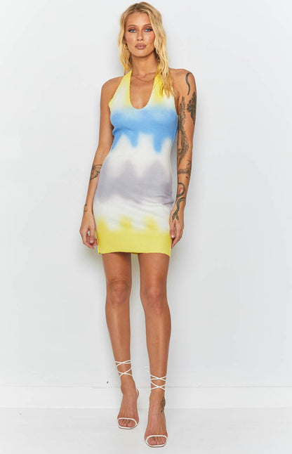 Graffiti Halter Mini Dress Yellow