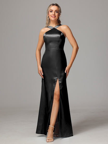 Halter Sleeveless Soft Satin Bridesmaid Dress